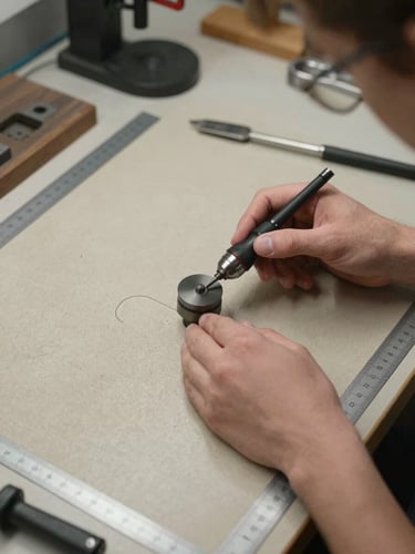 Overhead view of a maker's hands guiding a precision rotary tool across a thin sheet on a wide workbench, north-facing studio light, tools and ruled guides visible at edges, neutral sand surface, documentary framing