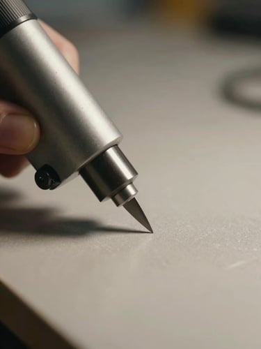 Extreme close-up of a precision cutting tool contacting a flat surface on a wide studio workbench, north-facing daylight from the left, tool blade sharp in focus, neutral warm-gray background, no hands visible, minimal and still