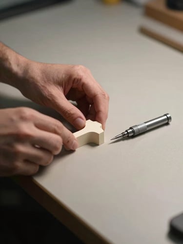 Hands steadying a small-scale prototyping form on a pale workbench, a precision tool resting just out of contact to the right, overhead north-facing light casting a clean hard shadow, neutral warm-gray background, no finished object visible