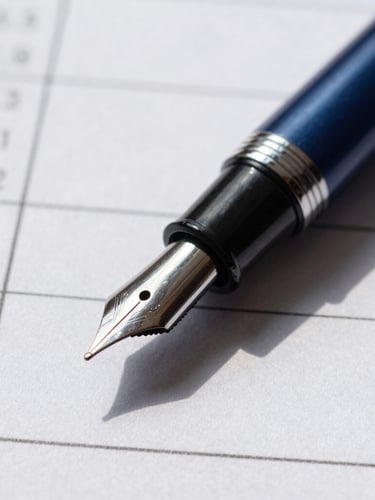 Close-up macro shot of a fountain pen resting on a structured financial forecast ledger, crisp morning light, sharp shadows, deep slate tones, 35mm lens