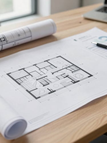 Close-up of architectural blueprints and financial reports on a clean wooden desk, soft natural light, professional photography