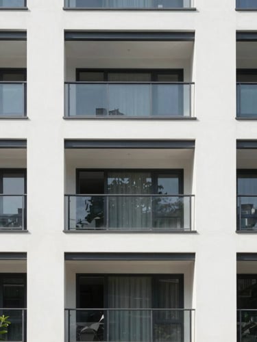 Professional architectural photography of a clean modern residential building facade, bright natural daylight, crisp details, 35mm lens