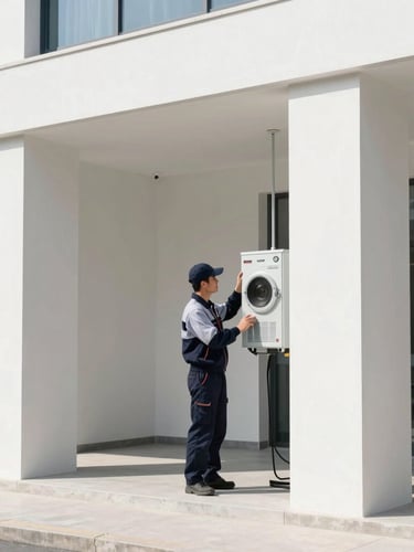 Professional architectural photography, clean modern building exterior with a technician in uniform inspecting a system, bright natural daylight, 35mm lens