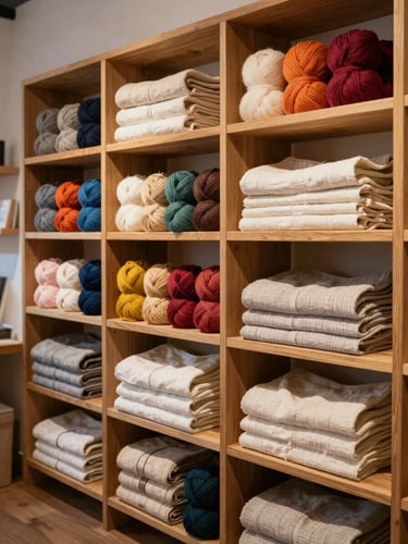 Atmospheric wide shot of a cozy boutique interior in Moselle, wooden shelves filled with colorful yarn skeins, neatly folded linen sheets, warm soft lighting, inviting atmosphere.