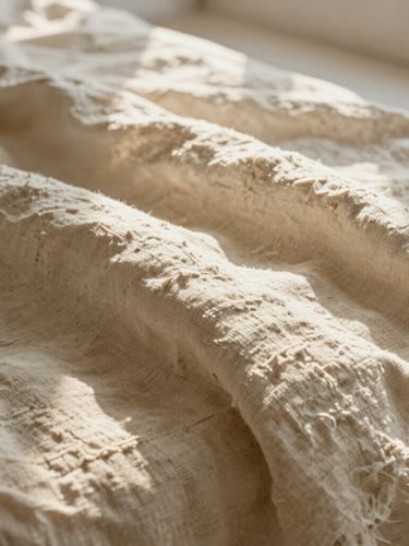 Extreme close-up of textured organic linen sheets in warm cream, soft morning light streaming through a window, casting gentle shadows on the woven fabric.
