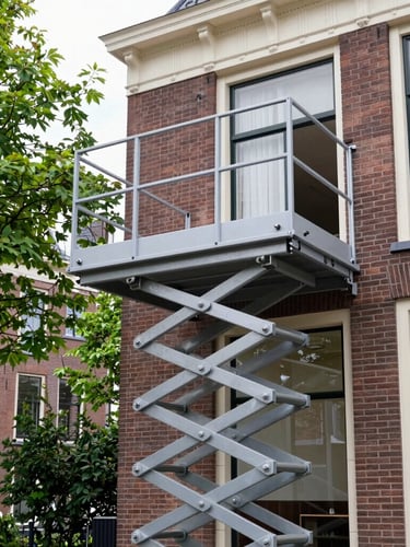 A clean Dutch furniture moving lift extended towards a second-story window of a classic brick villa in Bloemendaal, surrounded by green trees, soft natural daylight, realistic outdoor photography