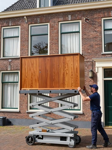 A clean professional Dutch furniture moving lift set up outside a classic brick villa in Heemstede, operator carefully guiding a large wooden cabinet on the lift platform, bright daytime, 35mm lens