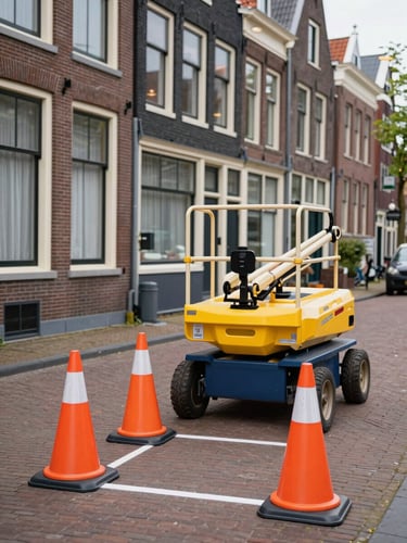 A professional Dutch moving lift operator setting up safety markers on a narrow brick street in Haarlem, historic facade in the background, daytime