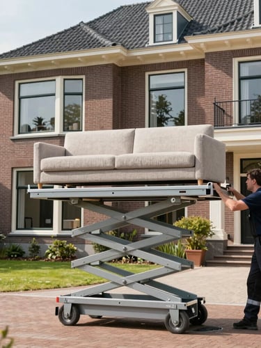 A realistic professional Dutch furniture moving lift set up outside a premium residential villa in Bloemendaal, bright natural daylight, a professional operator in uniform carefully guiding a sofa on the platform, 35mm lens