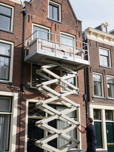 A realistic photo of a Dutch furniture moving lift extended to a third-floor window of a historic brick apartment building in Haarlem, with a professional operator guiding a sofa on the platform under bright daylight.