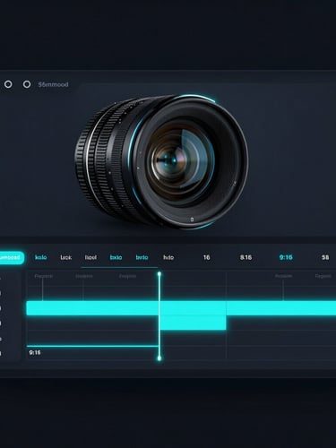 Sleek dark-mode video editor UI mockup with glowing electric cyan highlights, a sharp 9:16 video timeline, high-contrast futuristic tech aesthetic, 35mm macro lens, deep slate background
