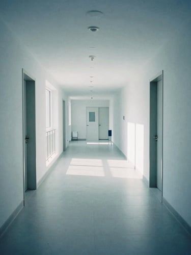 Wide architectural shot of a modern, sterile clinic interior, soft shadows, cool daylight, desaturated blue and slate tones, clean lines, empty hallways, 35mm