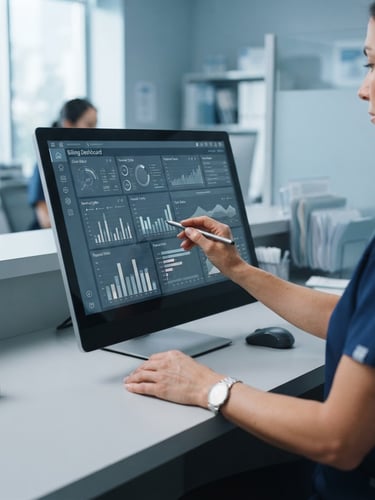 Modern clinical administrative space, close-up of hands interacting with high-end billing software on a monitor, data visualizations on screen, cool sterile daylight, desaturated blue and slate tones, sharp focus, 35mm