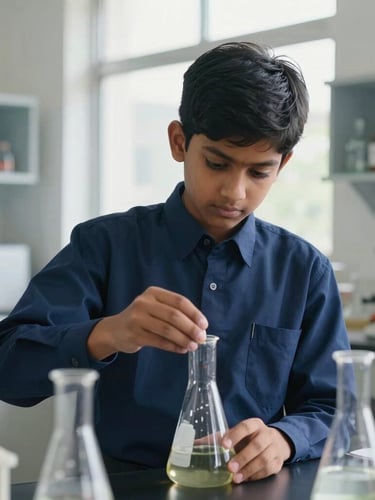 A focused Indian student in a neat navy blue school uniform conducting a chemistry experiment in a bright, modern science lab, natural window light, clean glassware and organized shelves in the background, medium shot.