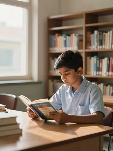 A medium environmental shot of a clean, well-lit Indian school library, a student focused on reading a book, warm natural daylight coming from a side window, professional atmosphere.