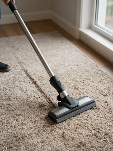 Floor-level shot of a residential carpet mid-clean, cleaning wand pressed into deep pile, visible dirt extraction line across the left half, natural daylight from a window on the right, no people