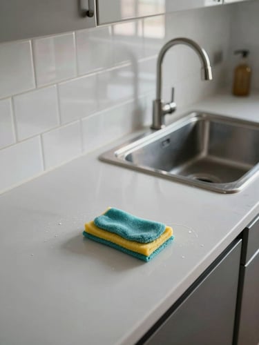Wide shot of a Columbus kitchen counter freshly cleaned, gleaming white tile backsplash and stainless sink reflecting midday window light, countertop clear and damp from cleaning, no people