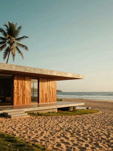Wide environmental shot of a modern architectural villa in Galle, concrete and warm wood, overlooking a pristine empty coastline at golden hour, 35mm film look.