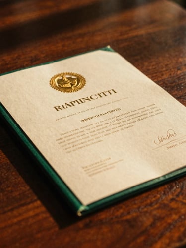 A tight macro detail of a gold-embossed residency document resting on a dark teak table, warm golden-hour tropical light casting rich shadows, 35mm film look.