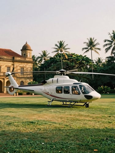 A private helicopter resting on a manicured lawn beside a historic stone colonial estate in Sri Lanka, warm late-afternoon tropical light.