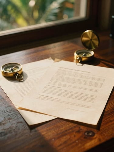 Legal documents resting on a dark teak desk, a brass compass nearby, warm golden hour light through a window.