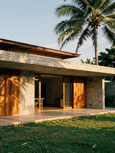 Wide-angle architectural detail of a modern concrete and teak private estate in Galle, warm golden-hour tropical light casting rich natural shadows, 35mm film look.