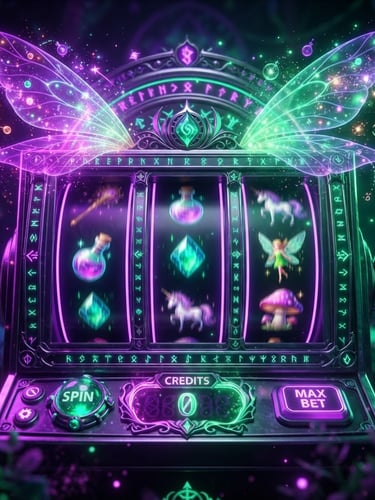 Vibrant 3D render of glowing digital slot reels with magical fairy wings, neon purple and emerald green backlighting, high-contrast digital gaming interface, cinematic lighting