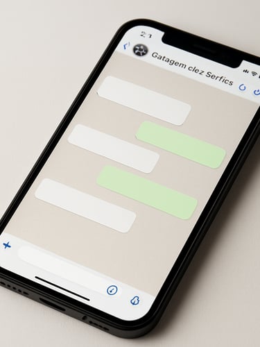 Close-up flat-lay of a smartphone screen displaying a WhatsApp conversation with the official Garagem dos Sonhos contact, neutral studio lighting, clean white surface beneath the device, no hands visible, screen fully legible