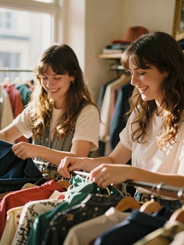 Portrait of two young women, founders of Cheap Girls LLC, laughing and sorting through vintage clothes in a sunlit Oxford boutique, warm golden hour light, 35mm film aesthetic, shallow depth of field, casual candid framing, one woman on the left, the other on the right.