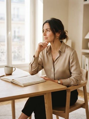 A professional woman sitting thoughtfully in a sunlit, minimalist Paris office, warm alabaster and soft beige tones, elegant notebook on a wooden desk, 35mm photography