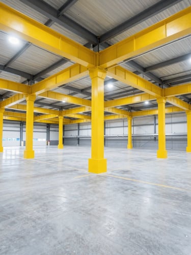 Wide-angle crisp industrial photography of a massive, clean, organized warehouse interior with high-bay racking under bright overhead lighting, safety yellow structural pillars, modern logistics terminal visible