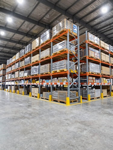 Wide-angle crisp industrial photography of a clean high-bay warehouse interior, massive organized racking, bright overhead lighting, and safety yellow floor markings.