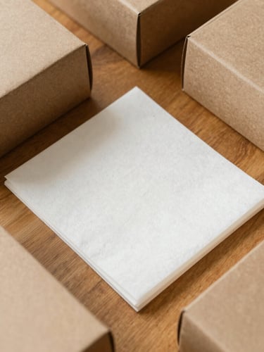 Overhead flat-lay of folded kraft paper boxes and tissue paper sheets on a warm wooden table, soft natural daylight, 35mm