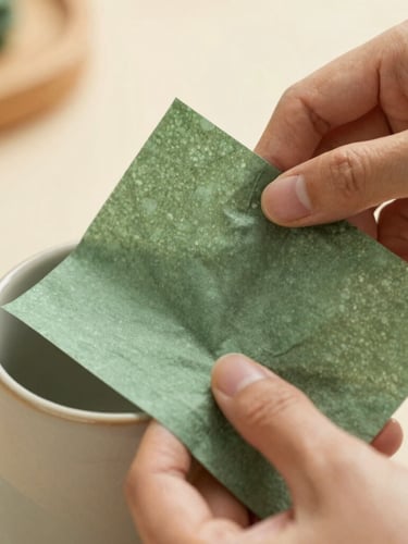 Close-up macro shot of hands carefully folding a custom-sized green tissue paper around a ceramic cup, soft diffused daylight, warm tones
