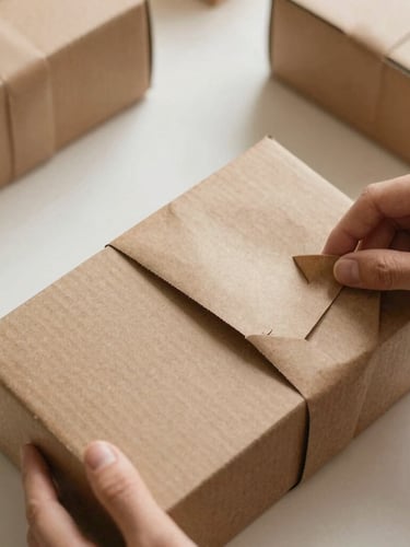 Overhead flat-lay of aesthetic packaging setup, hands wrapping a cardboard box with textured brown kraft paper, soft natural daylight, warm editorial photography, 35mm