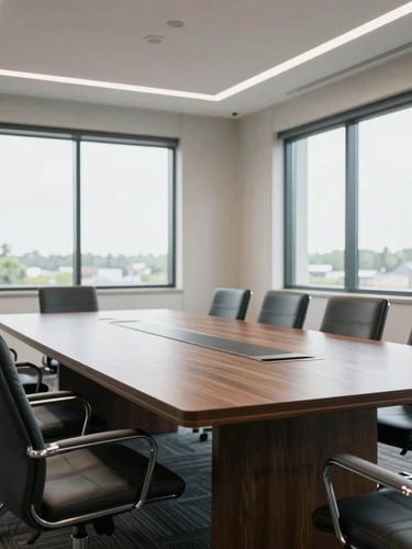 Bright daylight environmental shot of an organized boardroom table in Kentucky, architectural details, clean lines, professional atmosphere.
