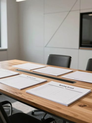 Bright natural daylight illuminating a modern structured boardroom in Bowling Green, clean wooden table, organized planners and architectural lines in the background, professional atmosphere.
