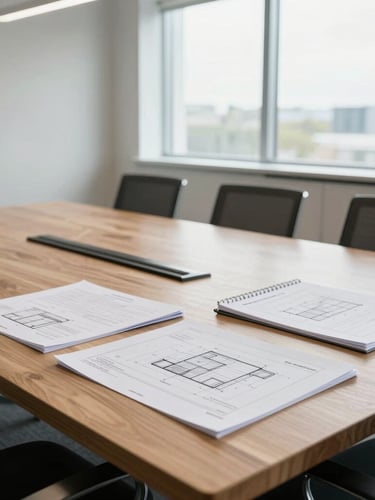 Bright, naturally lit modern office boardroom in Kentucky, clean wooden table with structured planners and architectural schematics, wide daylight, professional environment.