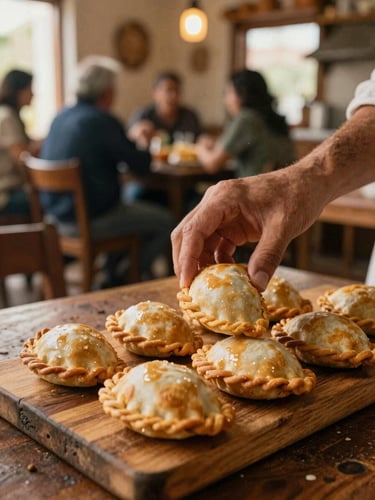 Hands serving traditional Argentine empanadas on a rustic wooden board, warm incandescent kitchen light, cozy community center background, soft grain film photography
