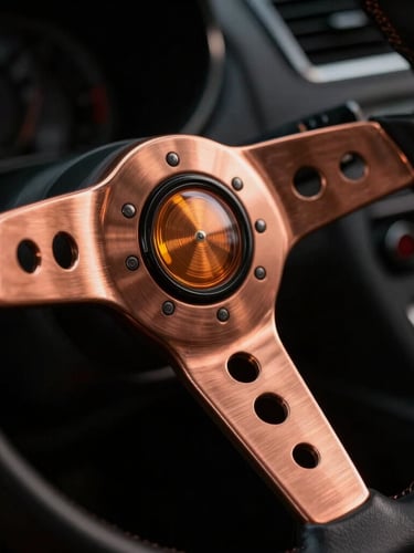 Macro close-up of a high-end steering wheel with solid copper spokes, dramatic amber side-lighting, deep shadows, dark moody automotive studio setting, 50mm
