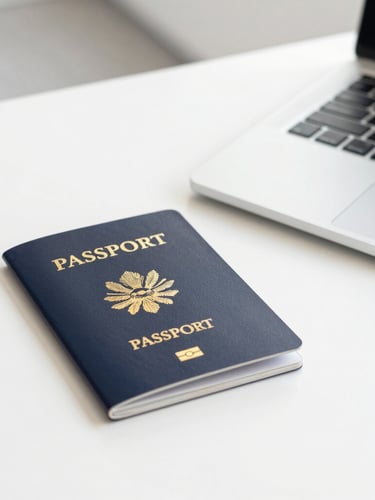 Medium close-up of a professional desk with travel documents, a passport beside a clean laptop, bright corporate office lighting, navy and gold accents, 35mm.