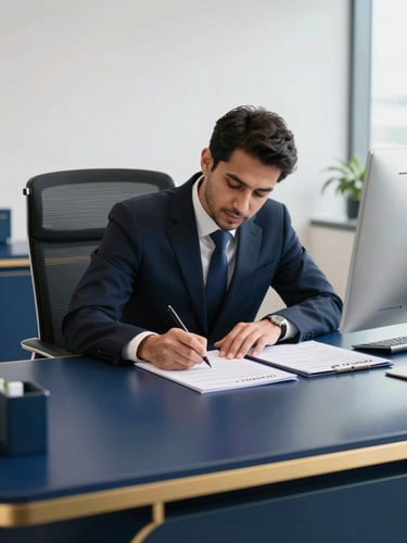 A clean modern desk in Ajman with official corporate documents being signed under bright professional lighting, navy blue accents