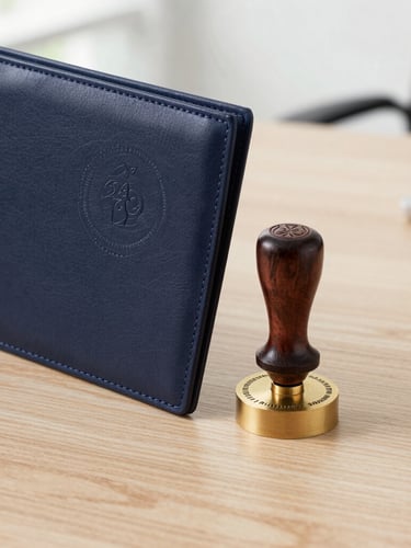 A close-up of a high-quality leather folder being stamped with an official seal on a clean wooden desk, soft natural daylight, professional corporate photography, 35mm