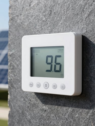 Macro shot of a modern digital thermostat on a slate wall showing temperature controls, bright natural light, clean high-tech aesthetic