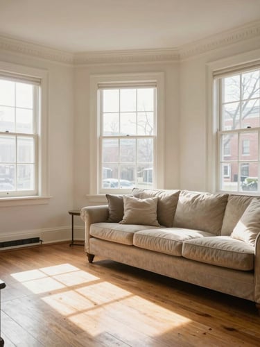 A bright, morning-lit living room in a historic D.C. rowhouse, natural light streaming through clean windows, dust-free wooden floors, neatly aligned sofa pillows, realistic and lived-in.