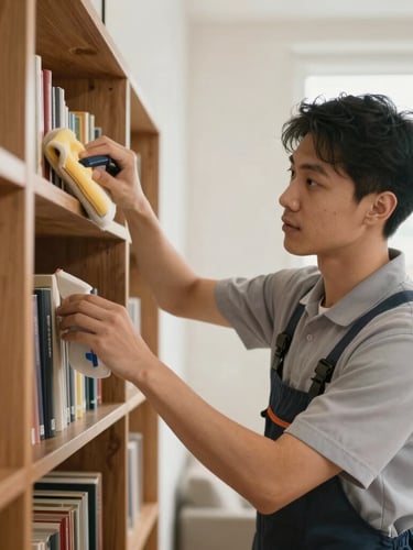 A professional cleaner in a simple, neat uniform carefully dusting a warm wooden bookshelf in a bright, natural-light DMV apartment.
