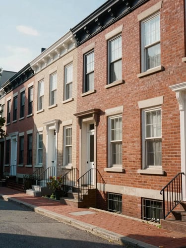 A bright, sunlit street of historic brick rowhouses in Capitol Hill, Washington D.C., morning light casting soft shadows, clean and inviting environment.