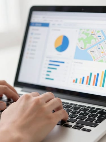 Close-up of clean hands typing on a laptop displaying a modern admin dashboard with charts and maps, bright high-key lighting, sharp focus