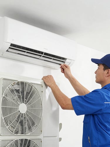 Crisp commercial photography of a technician in a clean uniform adjusting a modern AC unit, bright natural daylight, sharp focus, 35mm lens.
