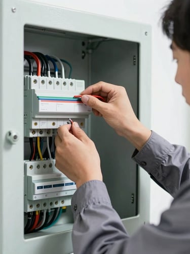 Close-up of a professional technician in a clean slate-gray uniform wiring a modern electrical panel, bright natural daylight, sharp focus